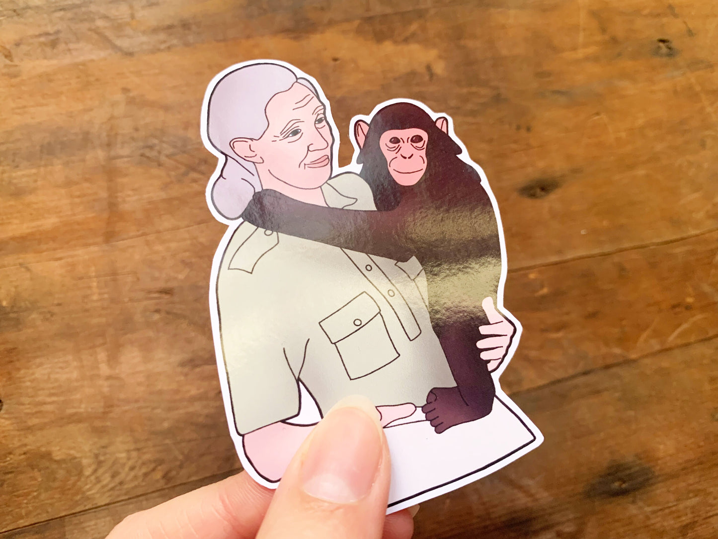 Dr Jane Goodall and Baby Chimp Sticker, Primatologist and Natural Scientist Stationary, Wildlife Conservationist Small Monkey Themed Gift