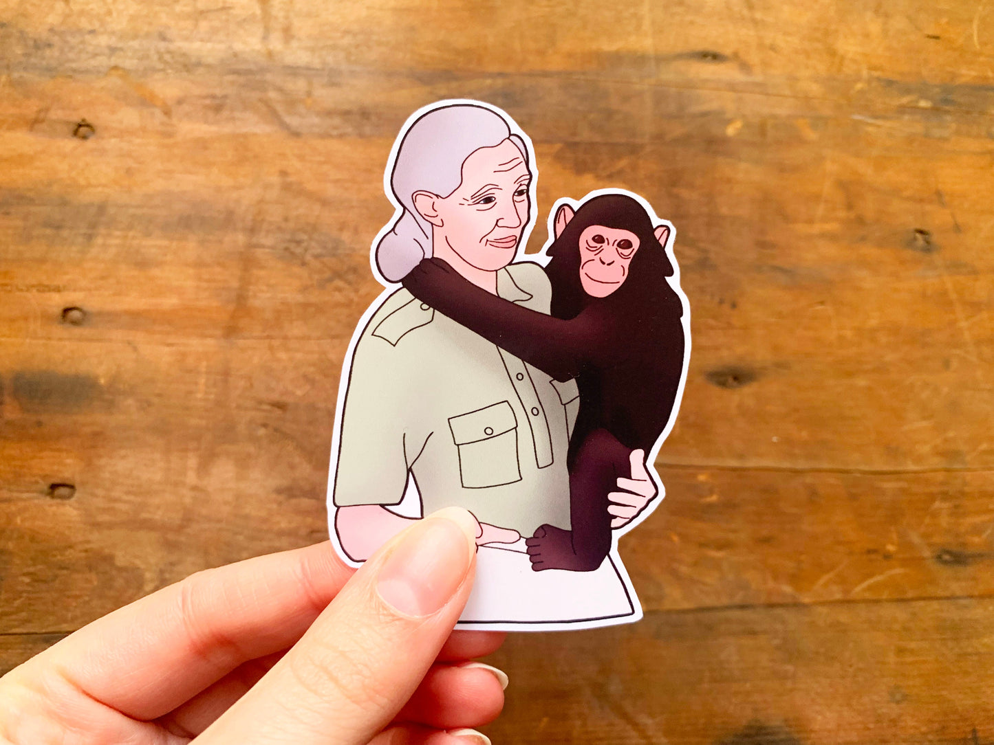 Dr Jane Goodall and Baby Chimp Sticker, Primatologist and Natural Scientist Stationary, Wildlife Conservationist Small Monkey Themed Gift