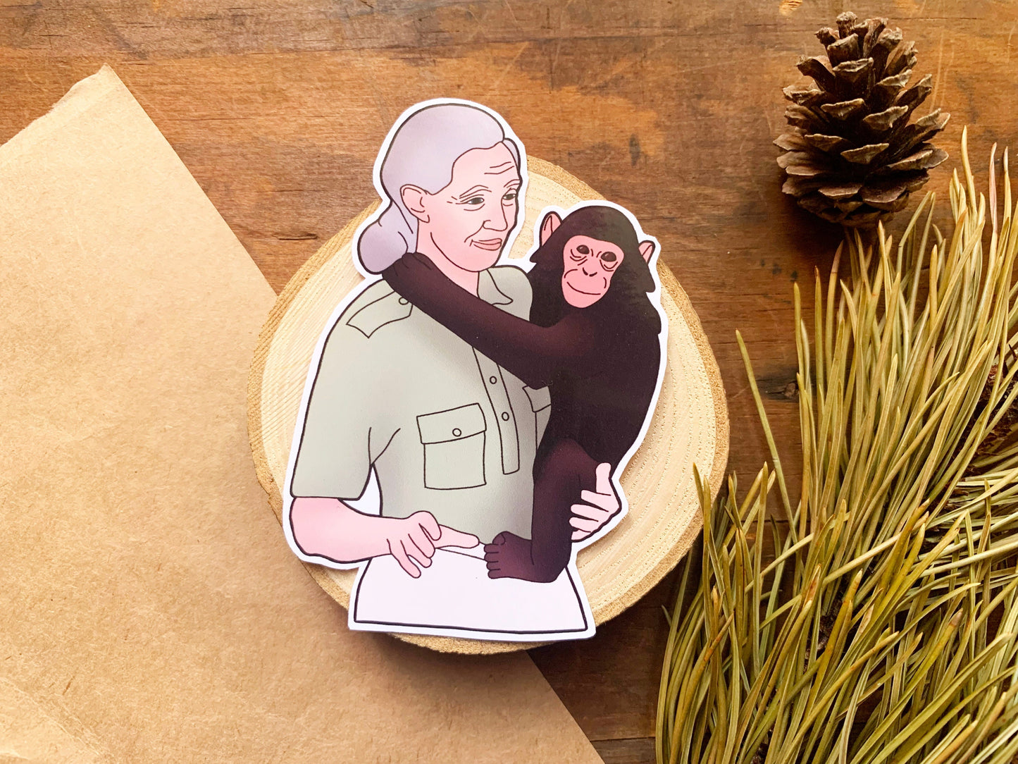 Dr Jane Goodall and Baby Chimp Sticker, Primatologist and Natural Scientist Stationary, Wildlife Conservationist Small Monkey Themed Gift