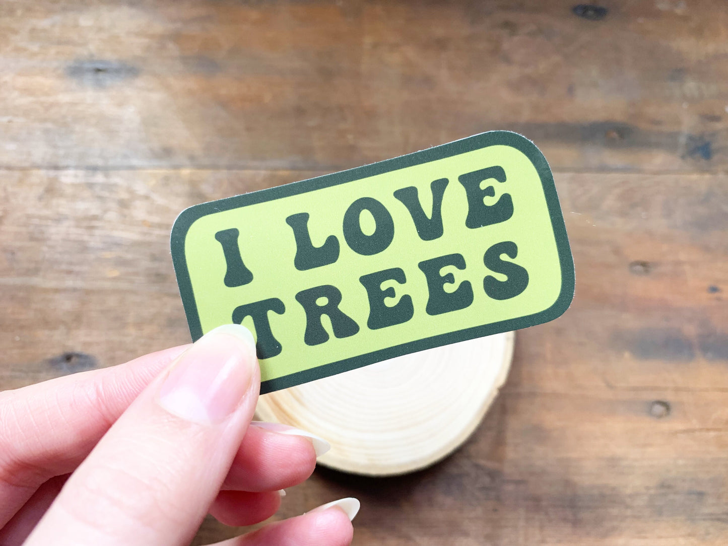 I Love Trees Retro Style Green Sticker, Small Gift for Hikers and Nature Lovers, Explorer Mountain Hiker Stationery Gift for Forest Lovers