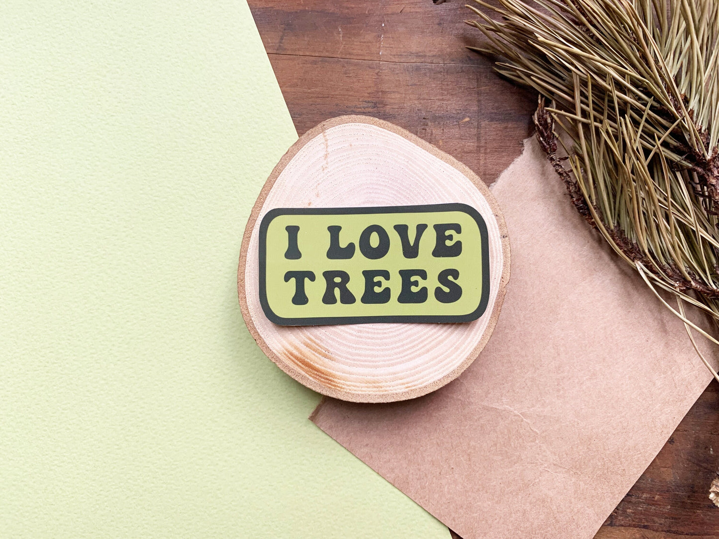 I Love Trees Retro Style Green Sticker, Small Gift for Hikers and Nature Lovers, Explorer Mountain Hiker Stationery Gift for Forest Lovers