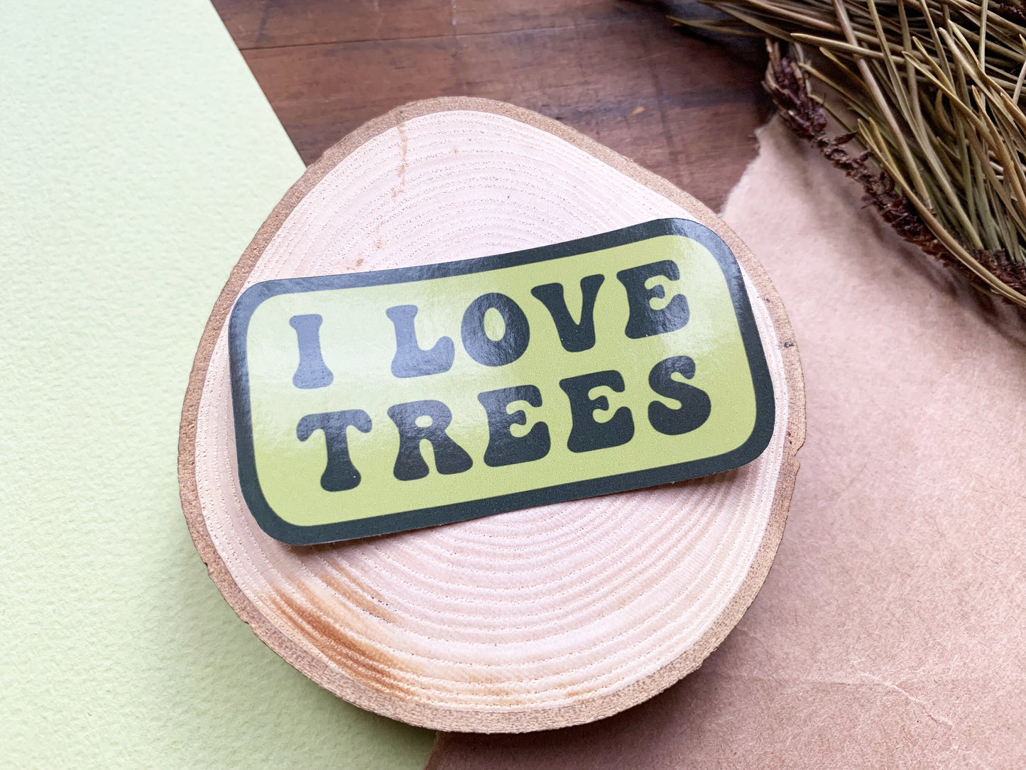 I Love Trees Retro Style Green Sticker, Small Gift for Hikers and Nature Lovers, Explorer Mountain Hiker Stationery Gift for Forest Lovers