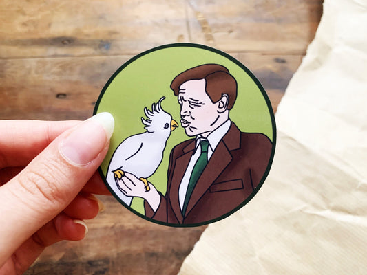 Sir David Attenborough with a Cockatoo Sticker, Animal and Nature Lovers Phone Sticker, Ornithology Gift for Bird or Natural History Lovers