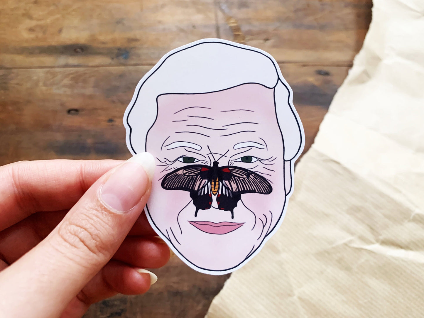 David Attenborough Sticker, Cute Natural History Butterfly Phone Sticker, Small Eco-Friendly Gift for Nature Documentary and Animal Lovers