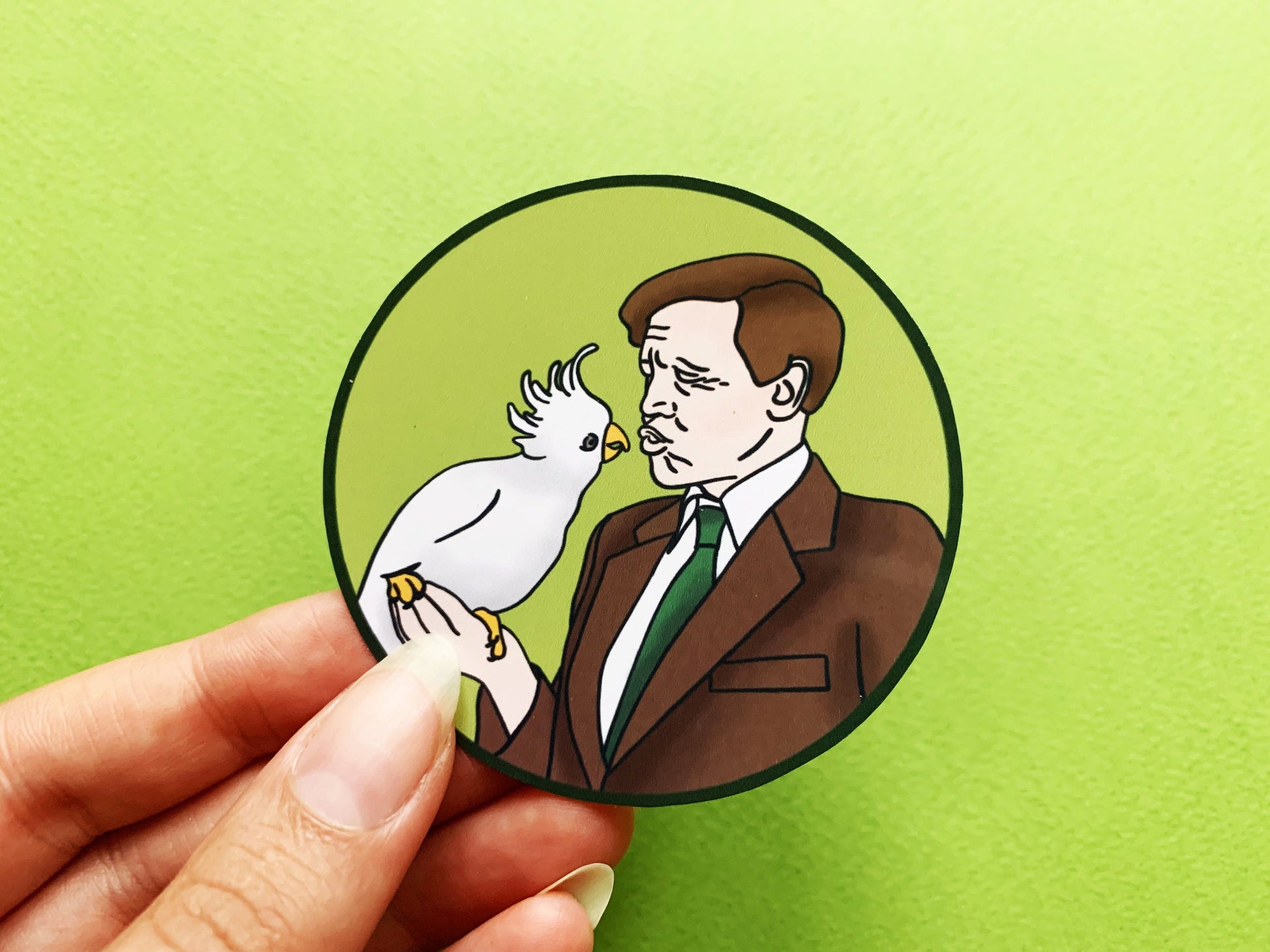 Sir David Attenborough with a Cockatoo Sticker, Animal and Nature Lovers Phone Sticker, Ornithology Gift for Bird or Natural History Lovers