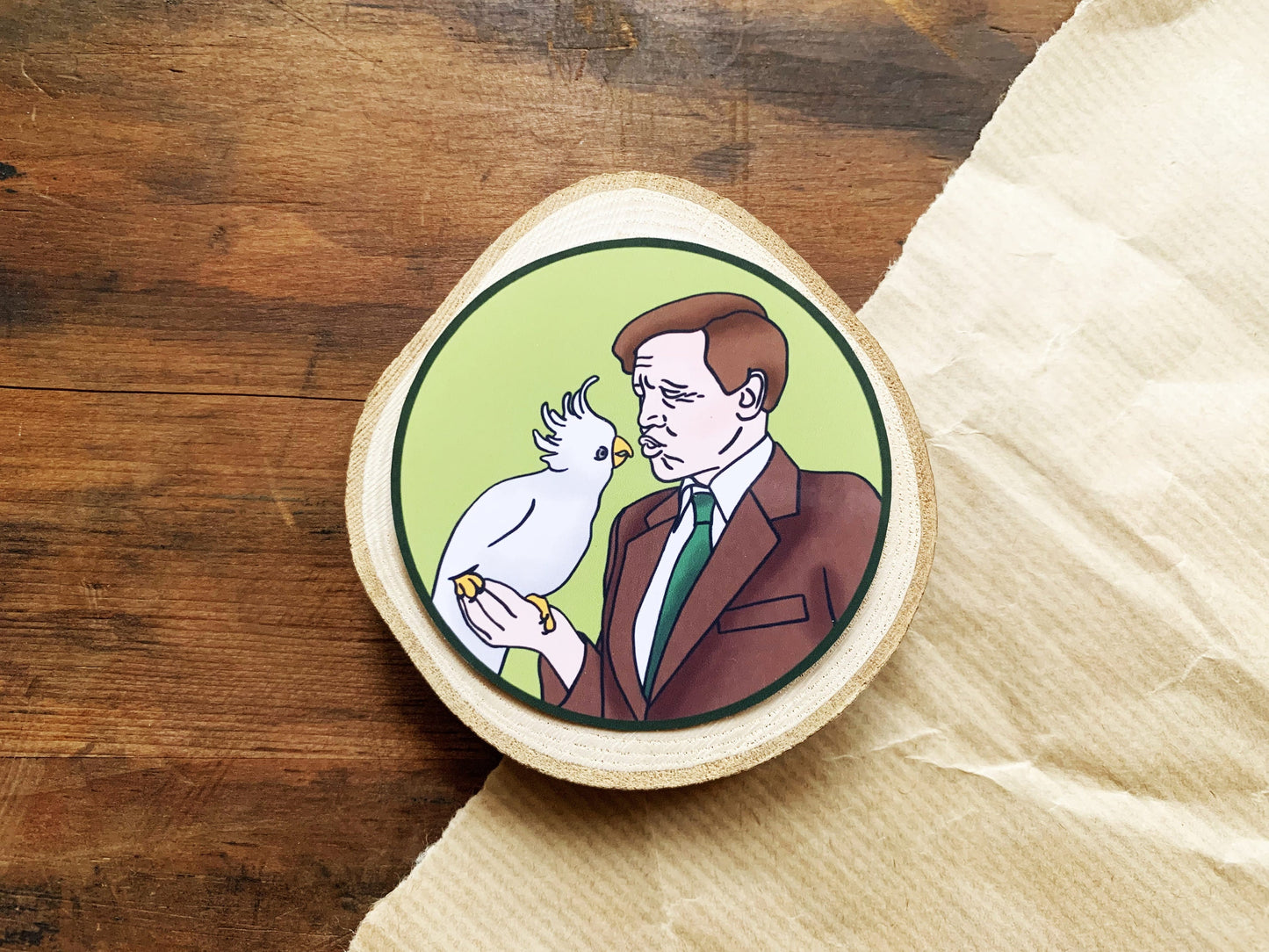 Sir David Attenborough with a Cockatoo Sticker, Animal and Nature Lovers Phone Sticker, Ornithology Gift for Bird or Natural History Lovers