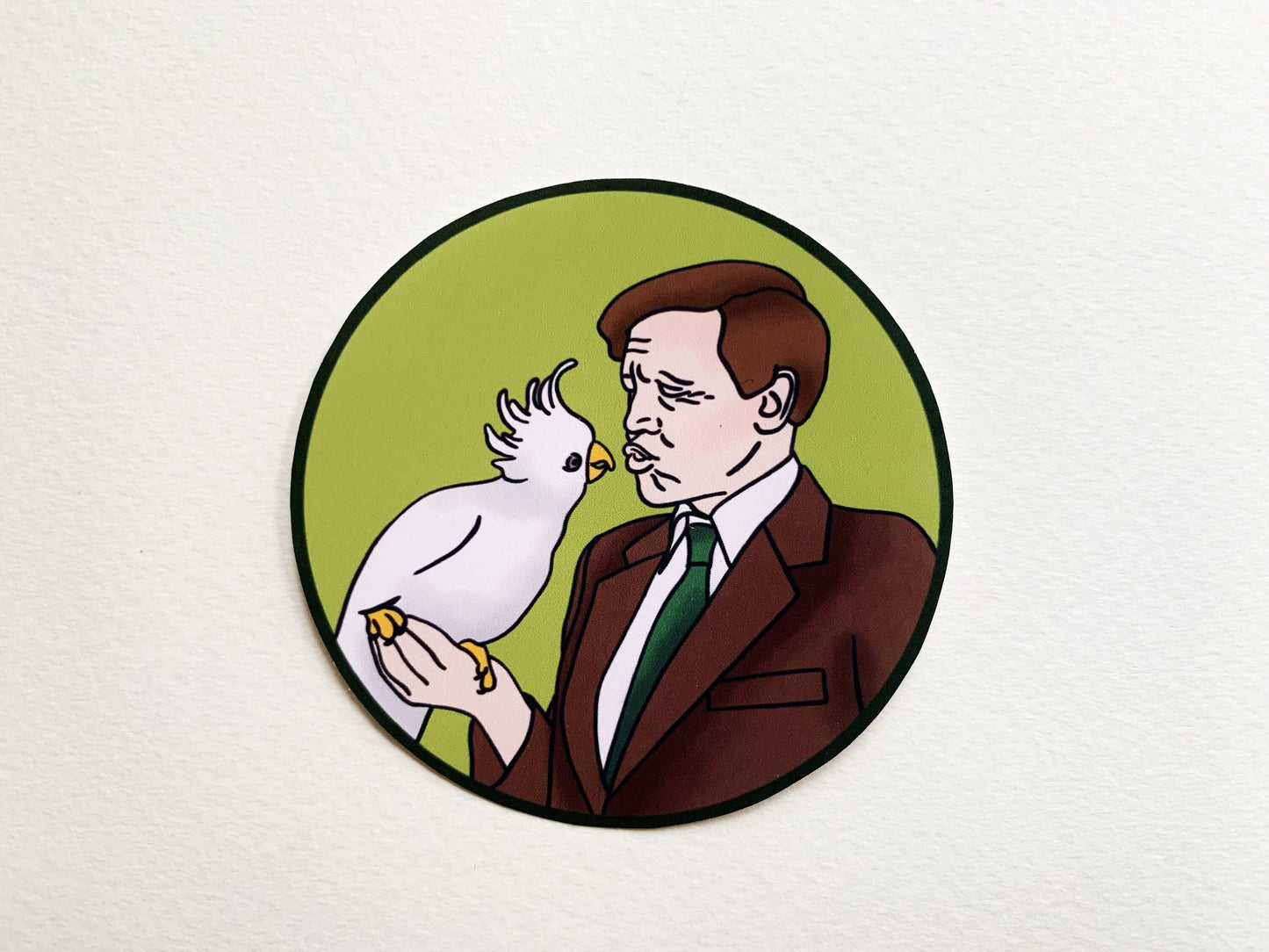 Sir David Attenborough with a Cockatoo Sticker, Animal and Nature Lovers Phone Sticker, Ornithology Gift for Bird or Natural History Lovers