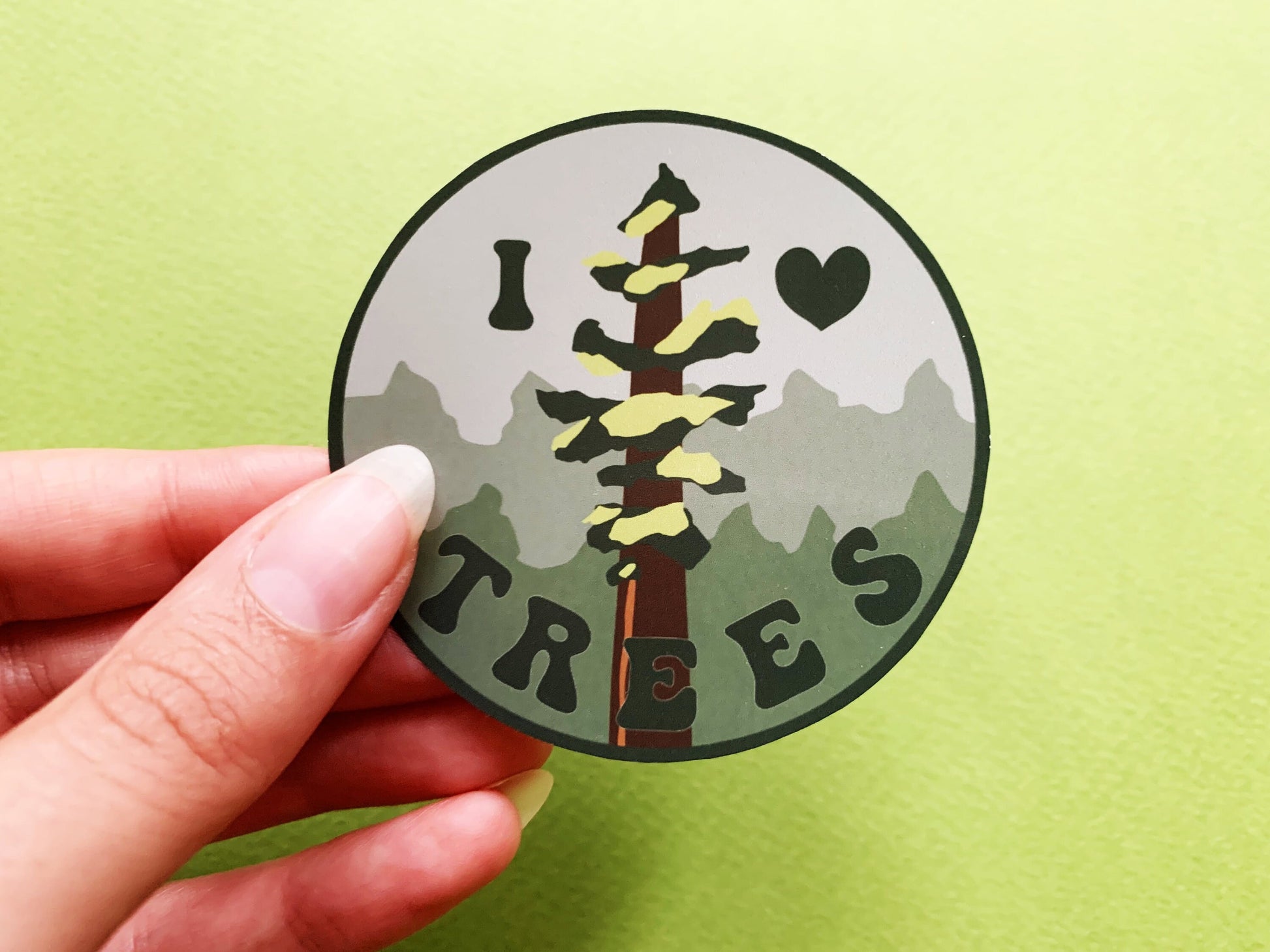 I Love Trees Gloss Sticker, Forest Hiker and Nature Lover Phone Decoration Sticker, Pine Tree Water Bottle or Laptop Sticker for Explorers