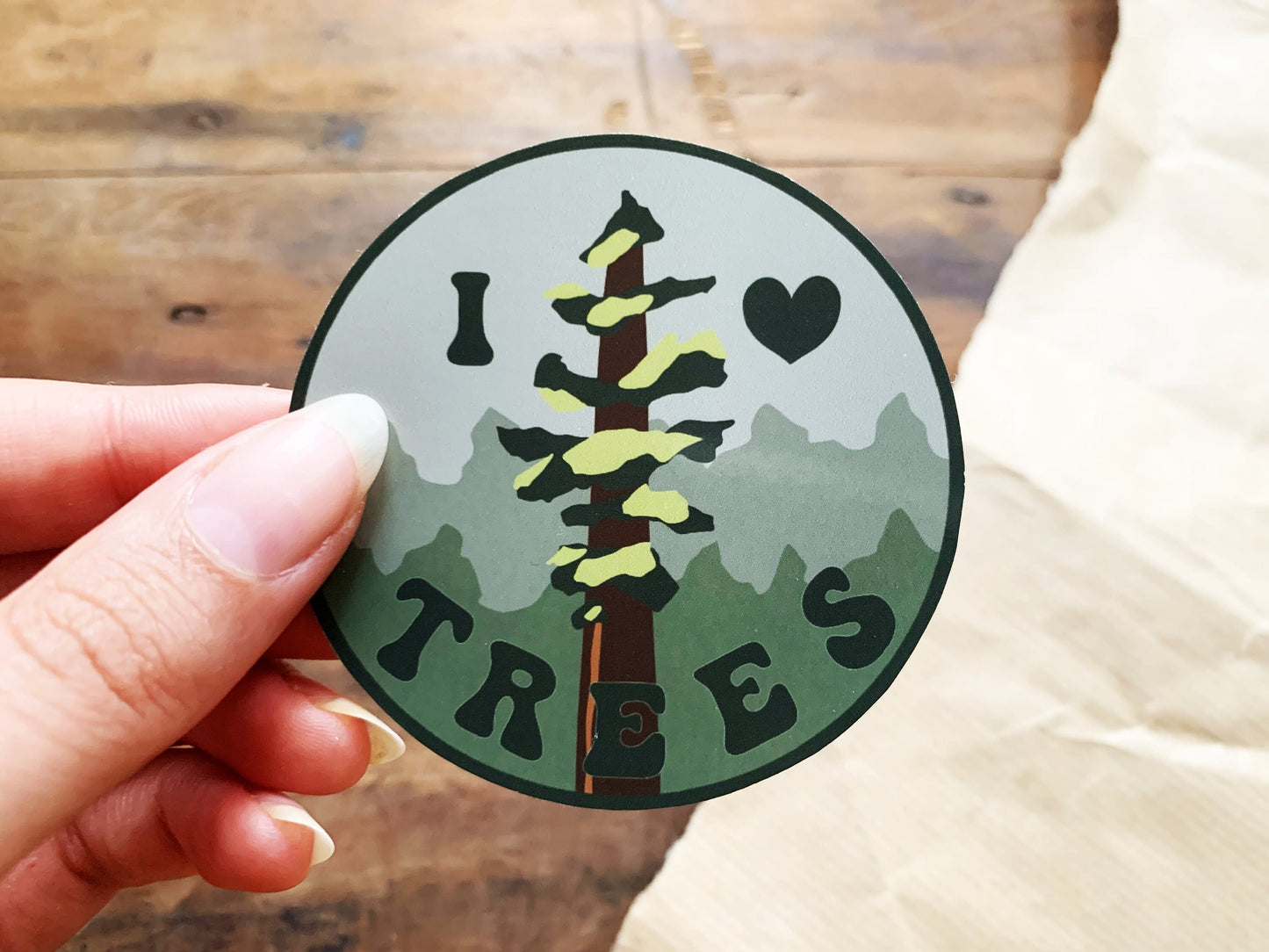 I Love Trees Gloss Sticker, Forest Hiker and Nature Lover Phone Decoration Sticker, Pine Tree Water Bottle or Laptop Sticker for Explorers