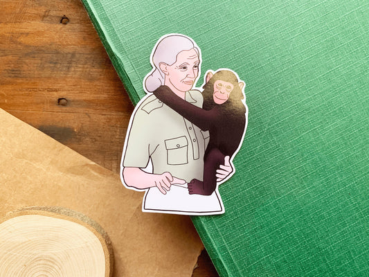 Dr Jane Goodall and Baby Chimp Sticker, Primatologist and Natural Scientist Stationary, Wildlife Conservationist Small Monkey Themed Gift