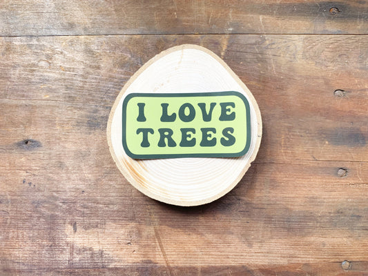 I Love Trees Retro Style Green Sticker, Small Gift for Hikers and Nature Lovers, Explorer Mountain Hiker Stationery Gift for Forest Lovers